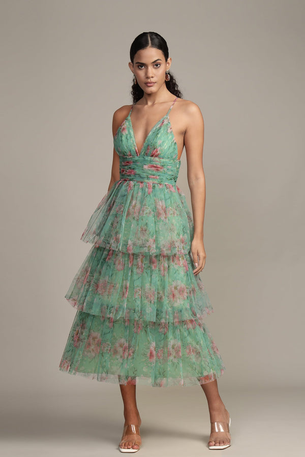 lace & beads Odette Midi Dress in Green Floral
