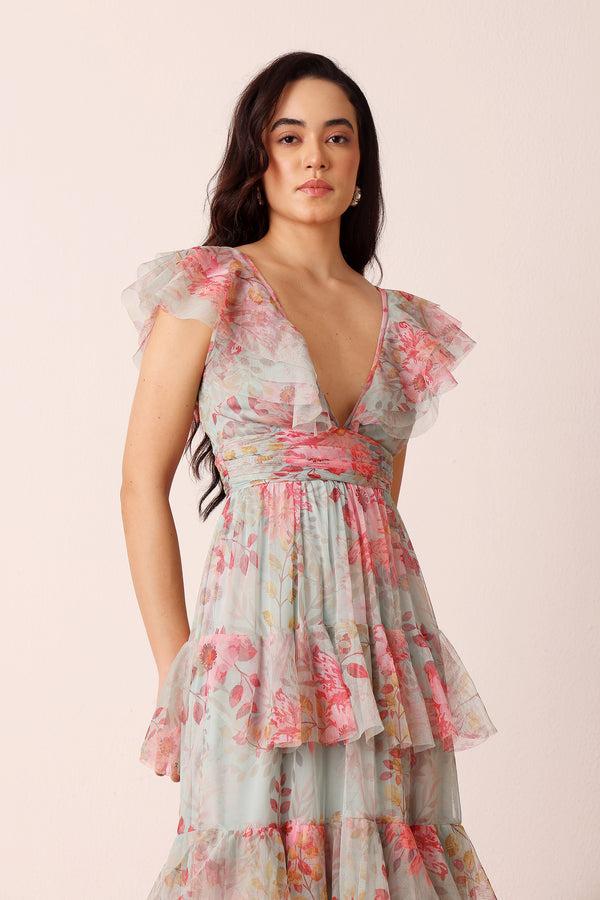 Lace & Beads Olympia Maxi Dress In Mint Floral