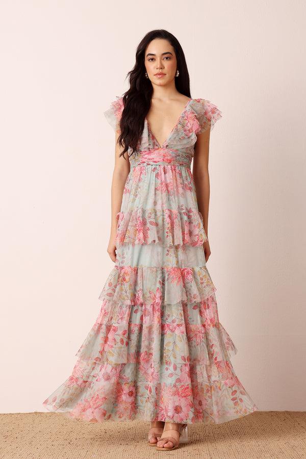 Lace & Beads Olympia Maxi Dress In Mint Floral