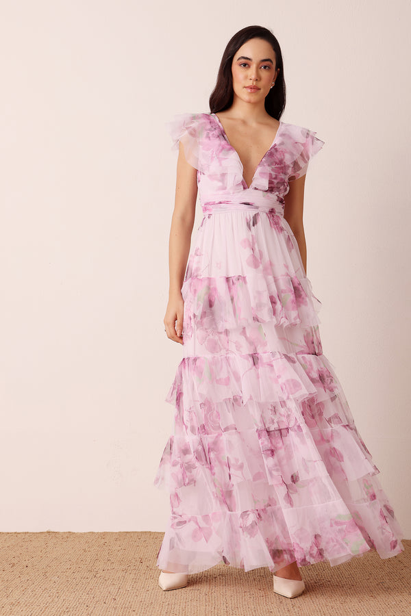 Lace & Beads Olympia Maxi Dress In Purple Floral