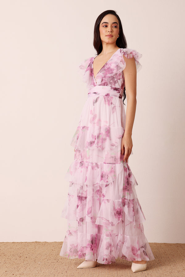 Lace & Beads Olympia Maxi Dress In Purple Floral