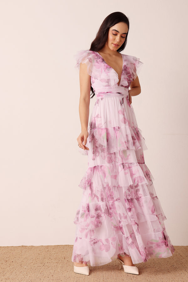 lace & beads Olympia Maxi Dress in Purple Floral