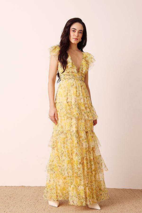 Lace & Beads Olympia Maxi Dress In Yellow Floral