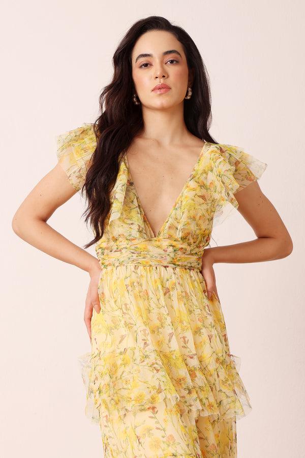 Lace & Beads Olympia Maxi Dress In Yellow Floral