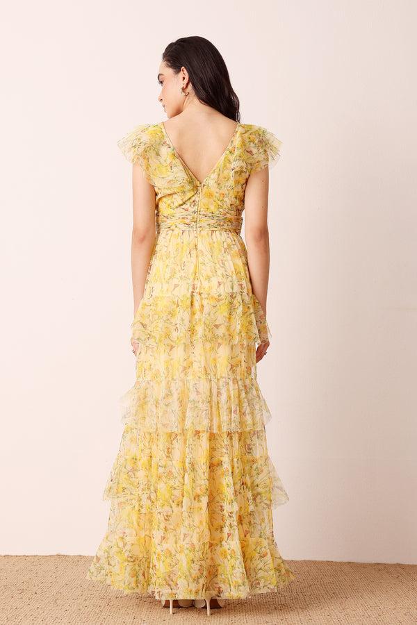 Lace & Beads Olympia Maxi Dress In Yellow Floral