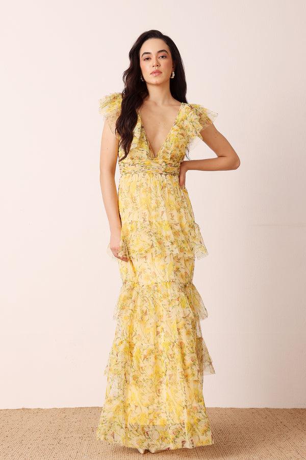 lace & beads Olympia Maxi Dress in Yellow Floral