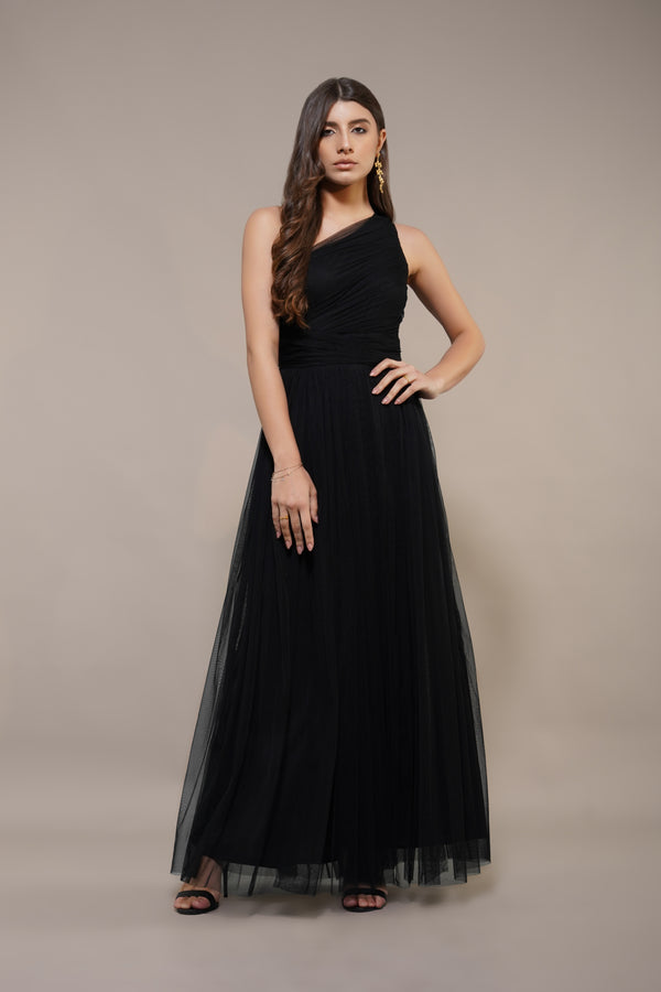 Lace & Beads One Shoulder Maxi Dress In Black