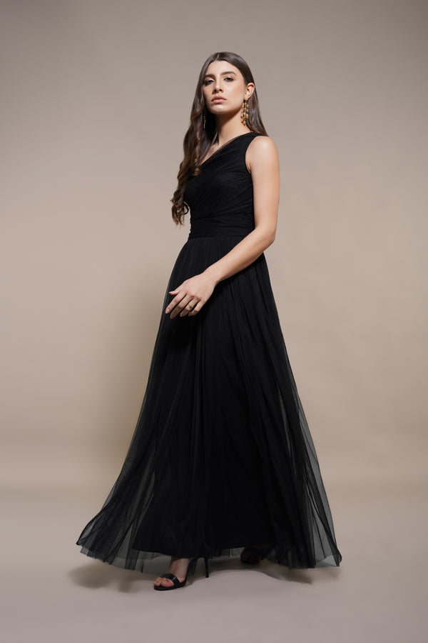 Lace & Beads One Shoulder Maxi Dress In Black