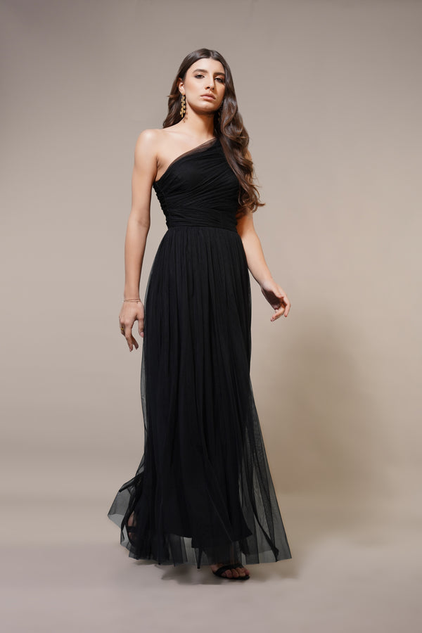 Lace & Beads One Shoulder Maxi Dress In Black