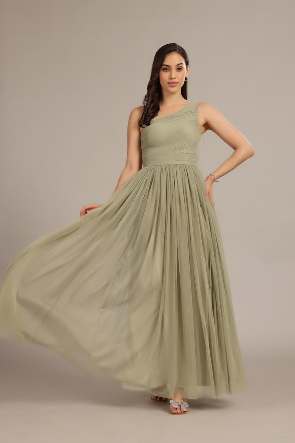 Lace & Beads One Shoulder Maxi Dress In Dusty Sage