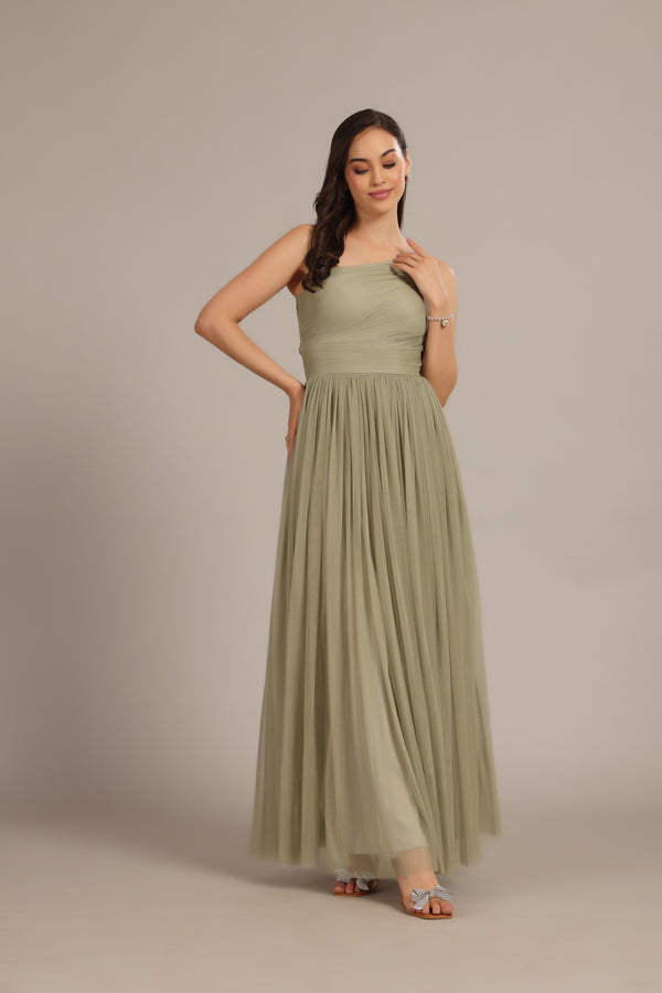 Lace & Beads One Shoulder Maxi Dress In Dusty Sage