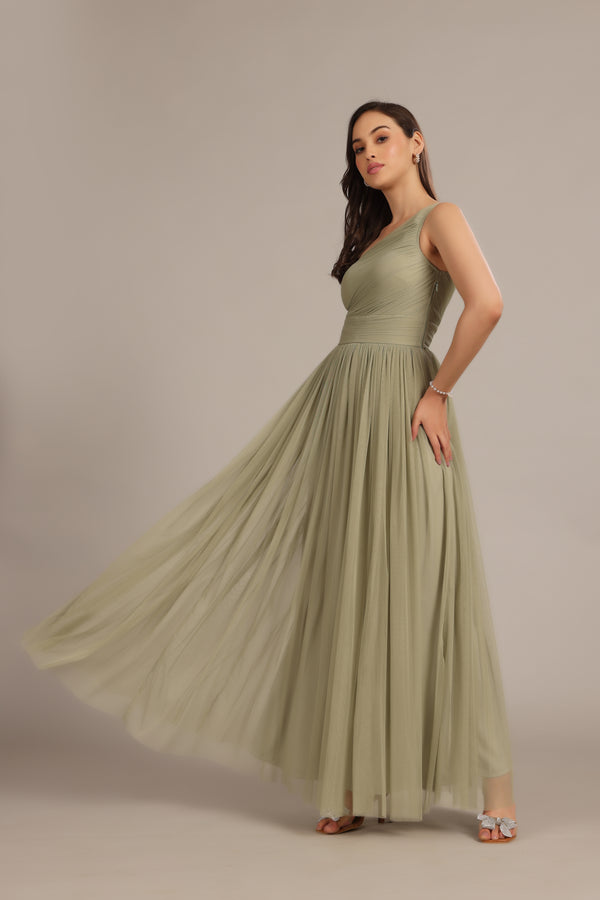Lace & Beads One Shoulder Maxi Dress In Dusty Sage