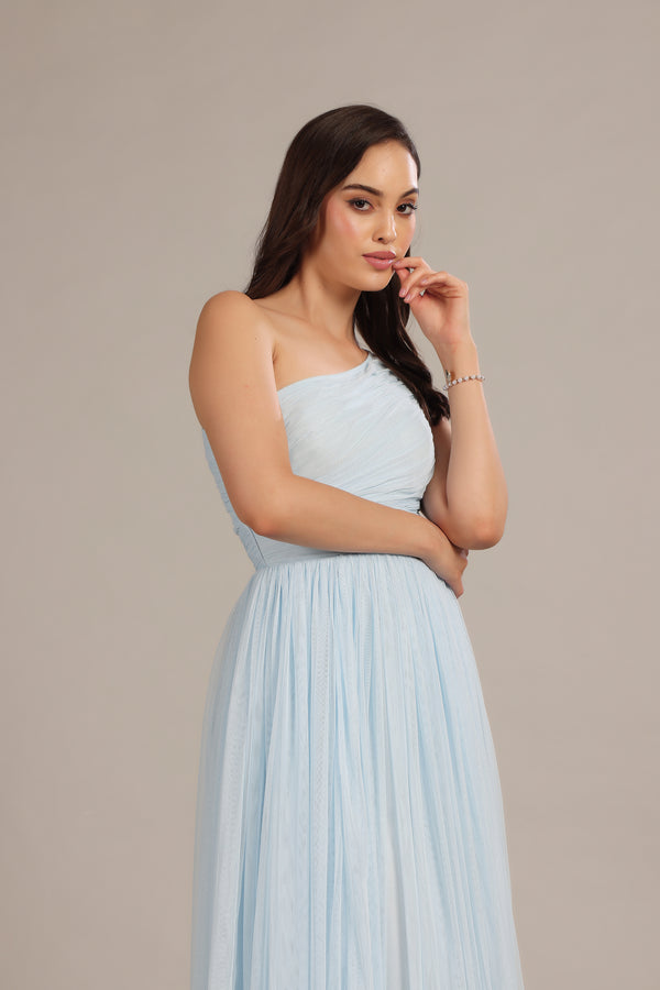 Lace & Beads One Shoulder Maxi Dress In Powder Blue