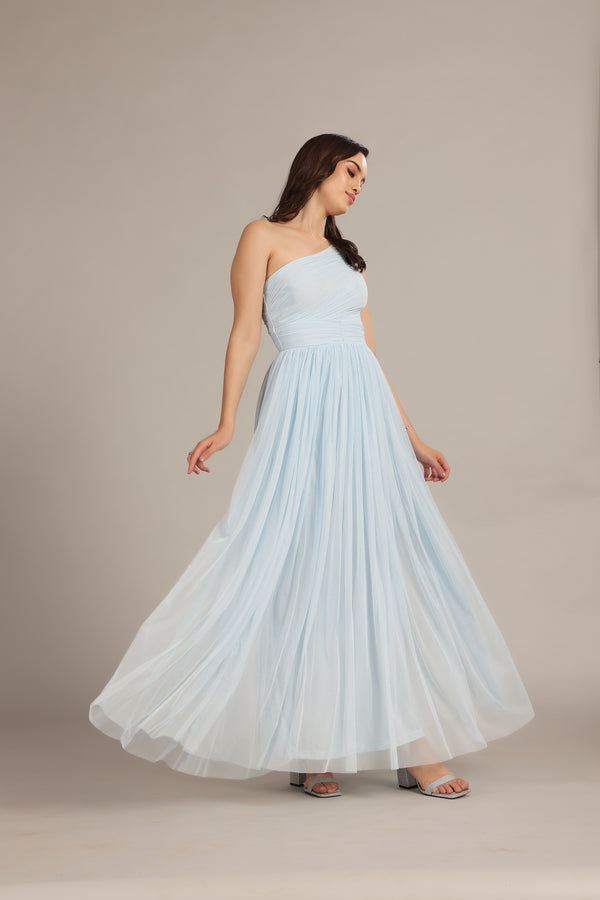Lace & Beads One Shoulder Maxi Dress In Powder Blue