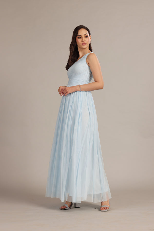 Lace & Beads One Shoulder Maxi Dress In Powder Blue