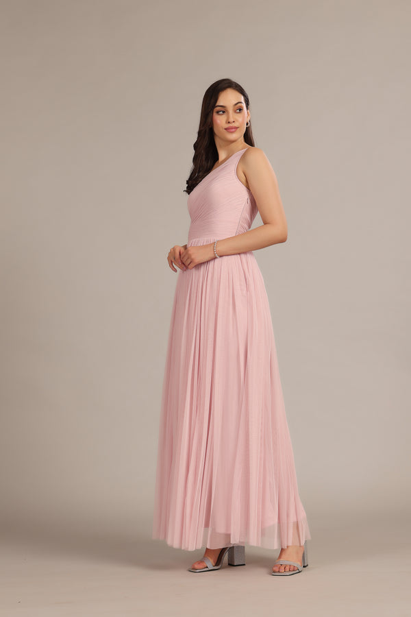 Lace & Beads One Shoulder Maxi Dress In Powder Pink