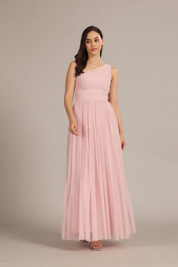 Lace & Beads One Shoulder Maxi Dress In Powder Pink