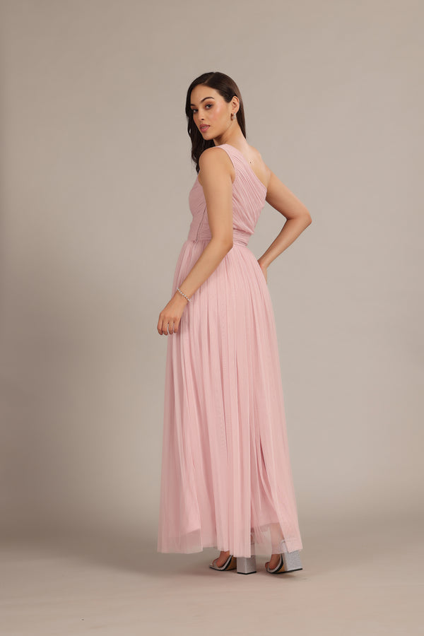 Lace & Beads One Shoulder Maxi Dress In Powder Pink
