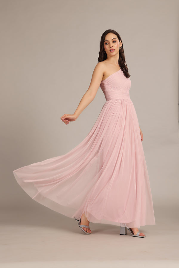 lace & beads One Shoulder Maxi Dress in Powder Pink