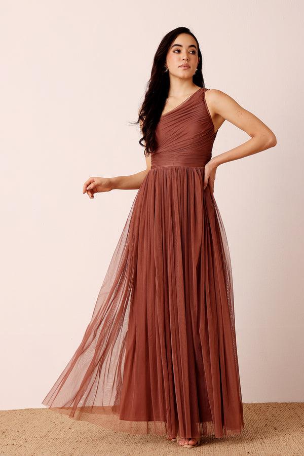 Lace & Beads One Shoulder Maxi Dress In Rose Brown