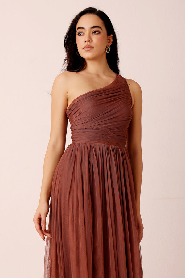 Lace & Beads One Shoulder Maxi Dress In Rose Brown