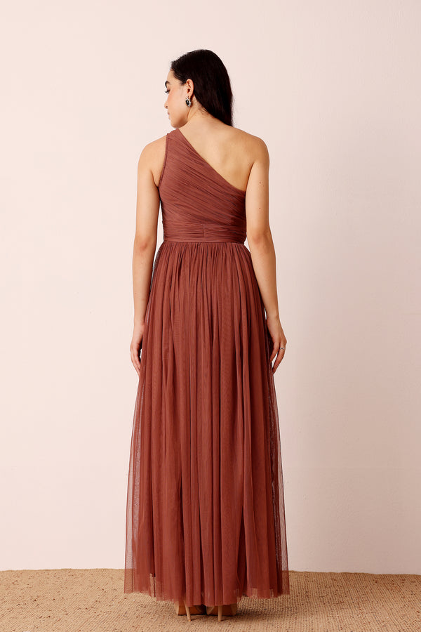 Lace & Beads One Shoulder Maxi Dress In Rose Brown
