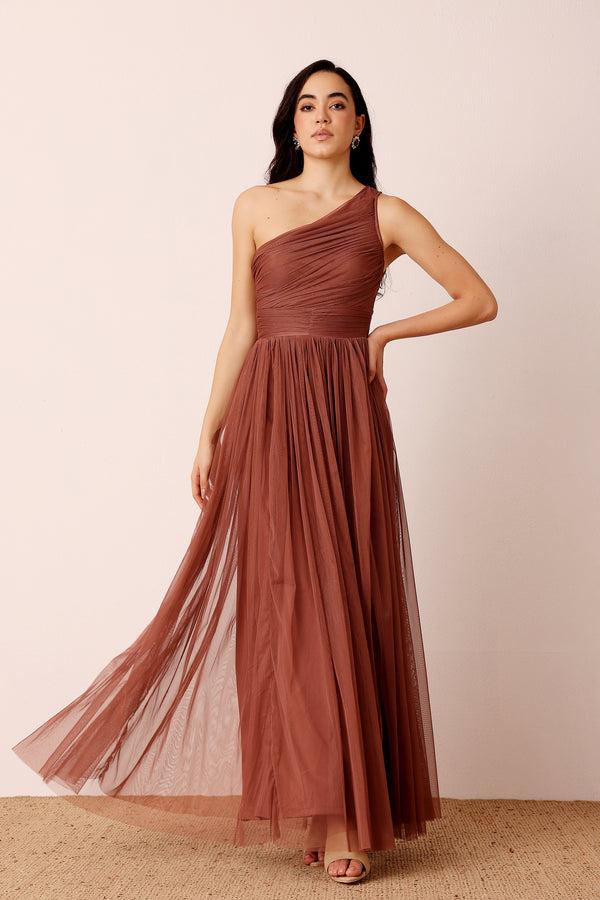 lace & beads One Shoulder Maxi Dress in Rose Brown