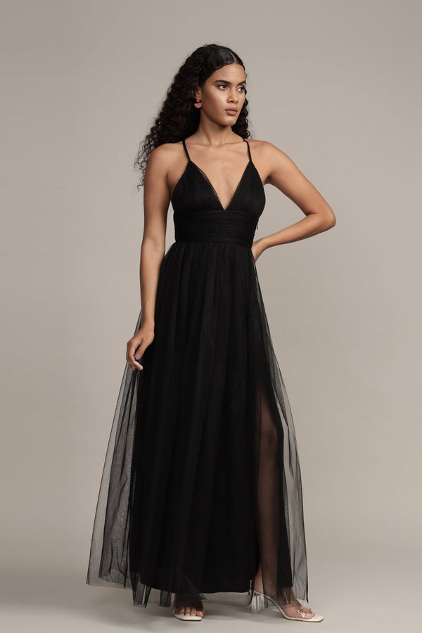 Lace & Beads Opal Tulle Maxi Dress In Black