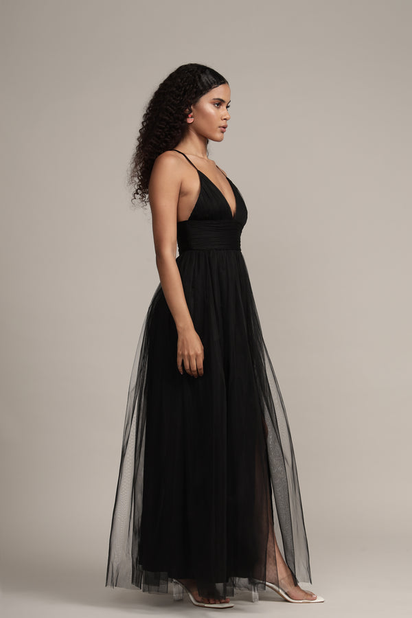 Lace & Beads Opal Tulle Maxi Dress In Black