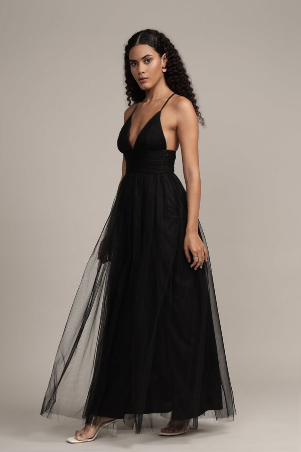 lace & beads Opal Tulle Maxi Dress in Black