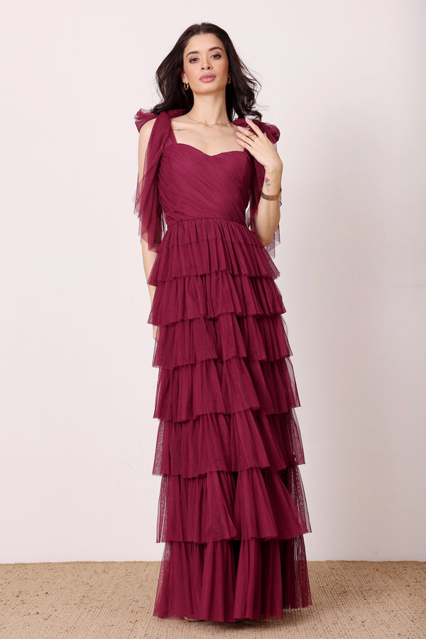 Lace & Beads Ophelia Fig Maxi Dress With Tie Detail