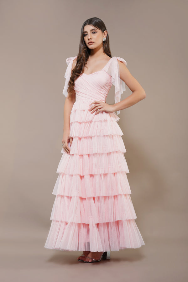 Lace & Beads Ophelia Pink Maxi Dress With Tie Detail