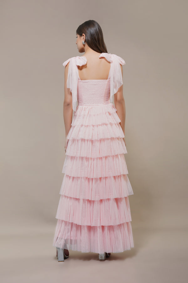 Lace & Beads Ophelia Pink Maxi Dress With Tie Detail