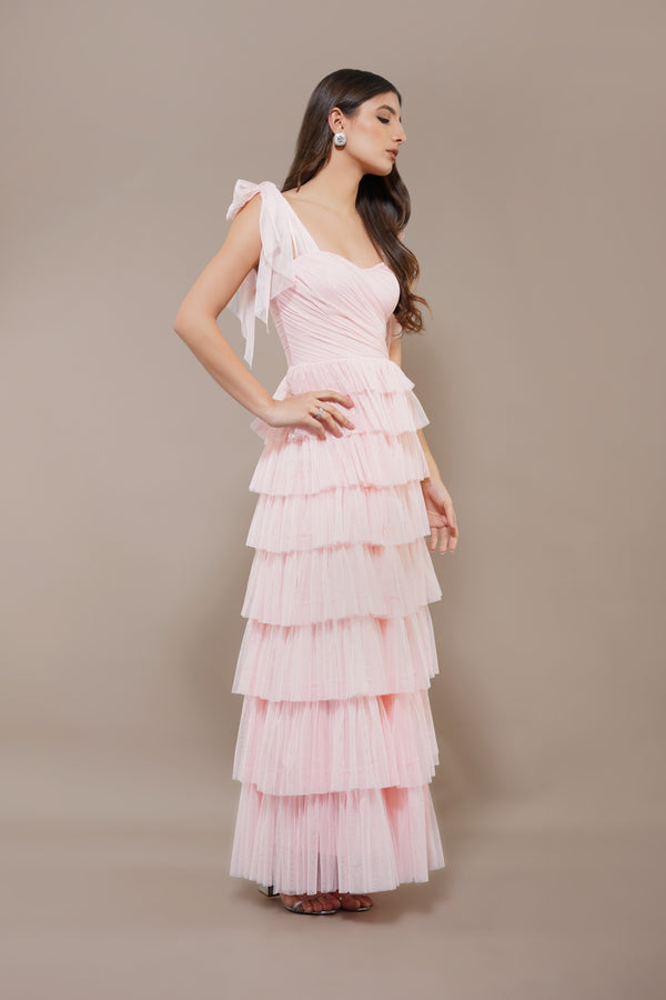 Lace & Beads Ophelia Pink Maxi Dress With Tie Detail