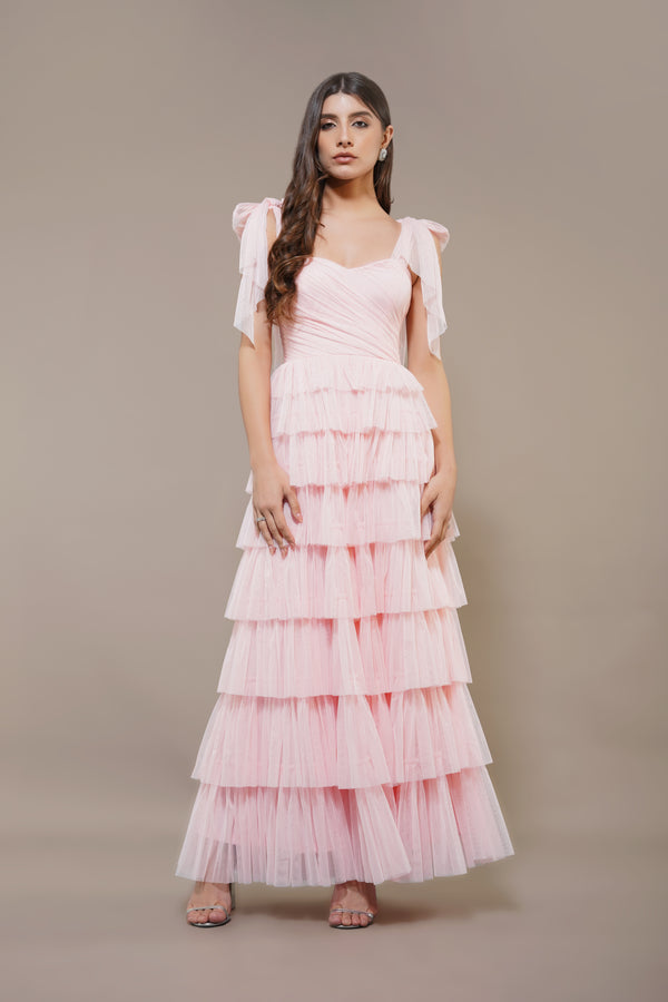 lace & beads Ophelia Pink Maxi Dress with Tie Detail