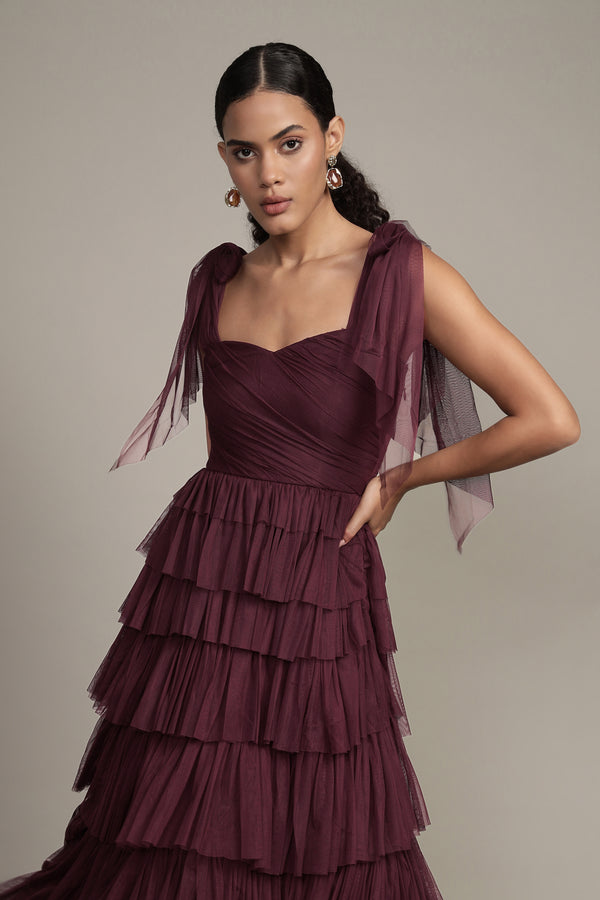 Lace & Beads Ophelia Plum Maxi Dress With Tie Detail