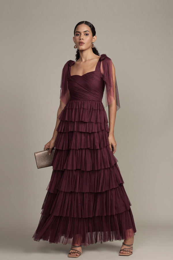 Lace & Beads Ophelia Plum Maxi Dress With Tie Detail