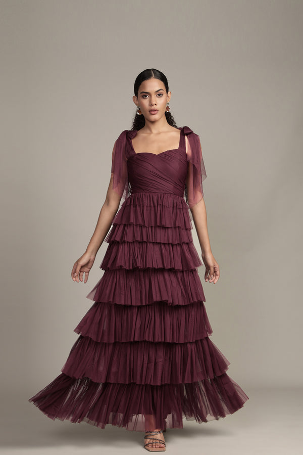 Lace & Beads Ophelia Plum Maxi Dress With Tie Detail
