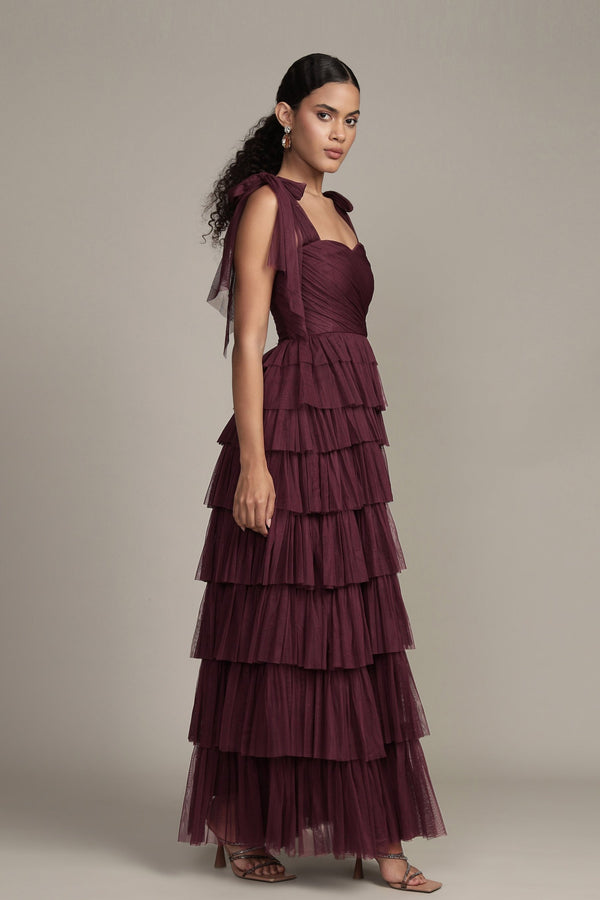 lace & beads Ophelia Plum Maxi Dress with Tie Detail