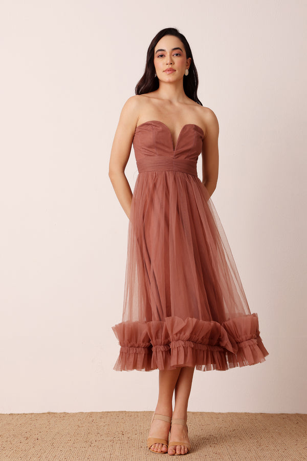 Lace & Beads Orion Midi Dress In Rose Brown
