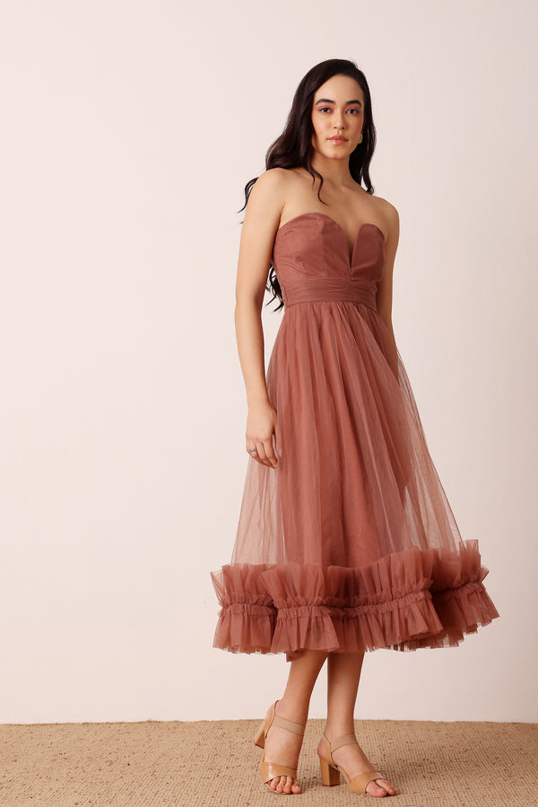 Lace & Beads Orion Midi Dress In Rose Brown