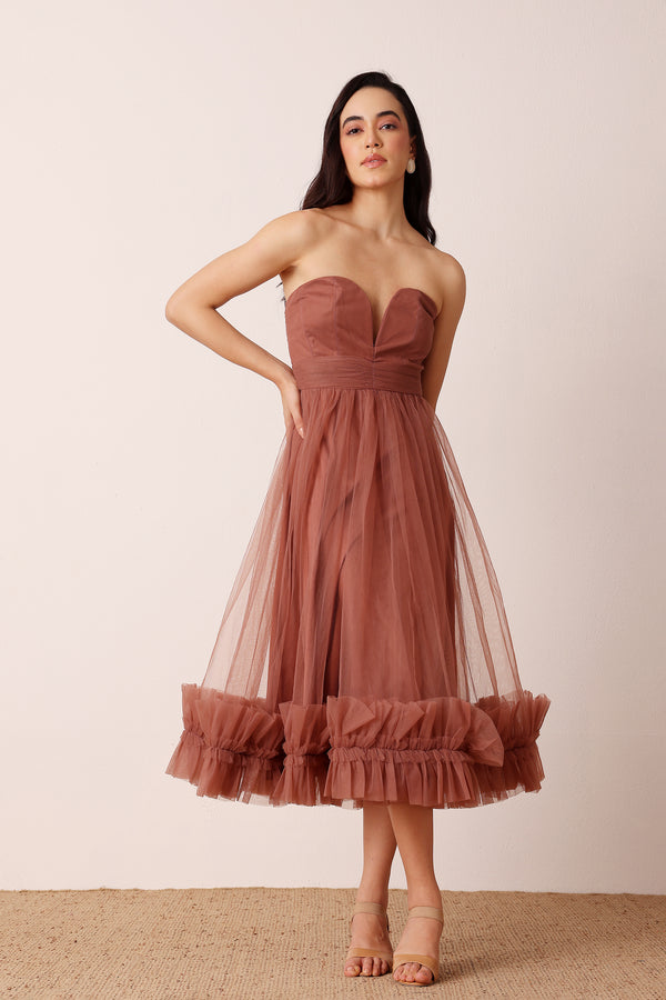 lace & beads Orion Midi Dress in Rose Brown