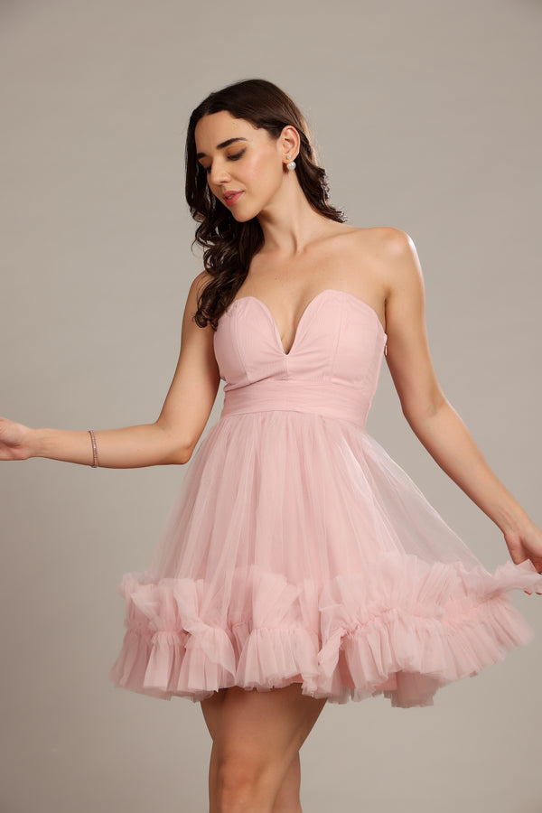 lace & beads Orion Mini Dress in Powder Pink