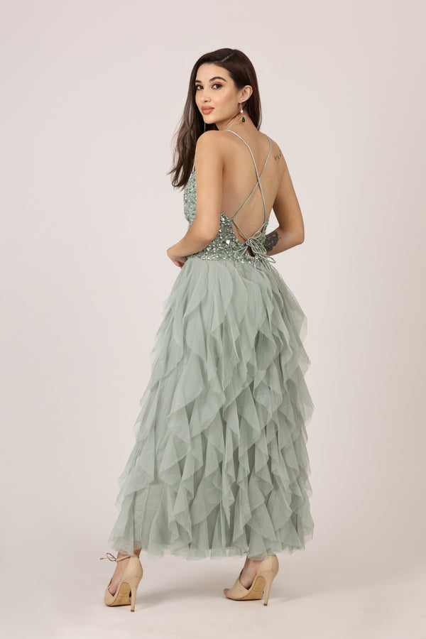 Lace & Beads Page Embellished Midi Dress In Teal