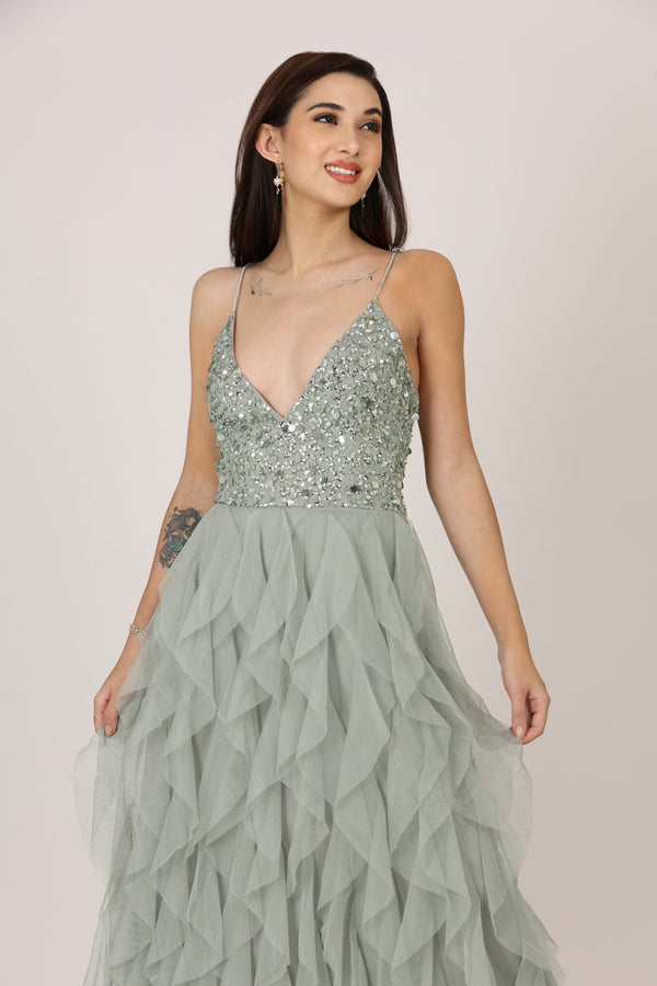 Lace & Beads Page Embellished Midi Dress In Teal