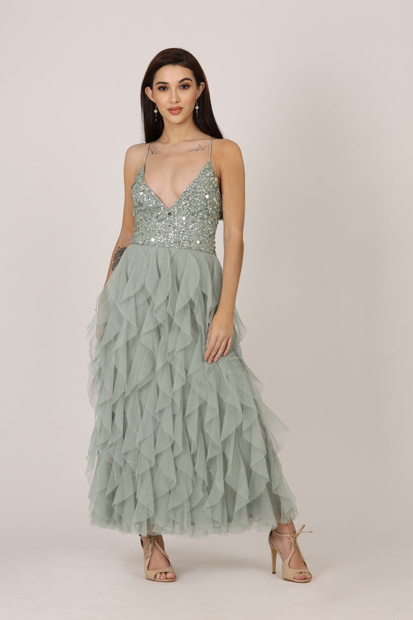 Lace & Beads Page Embellished Midi Dress In Teal