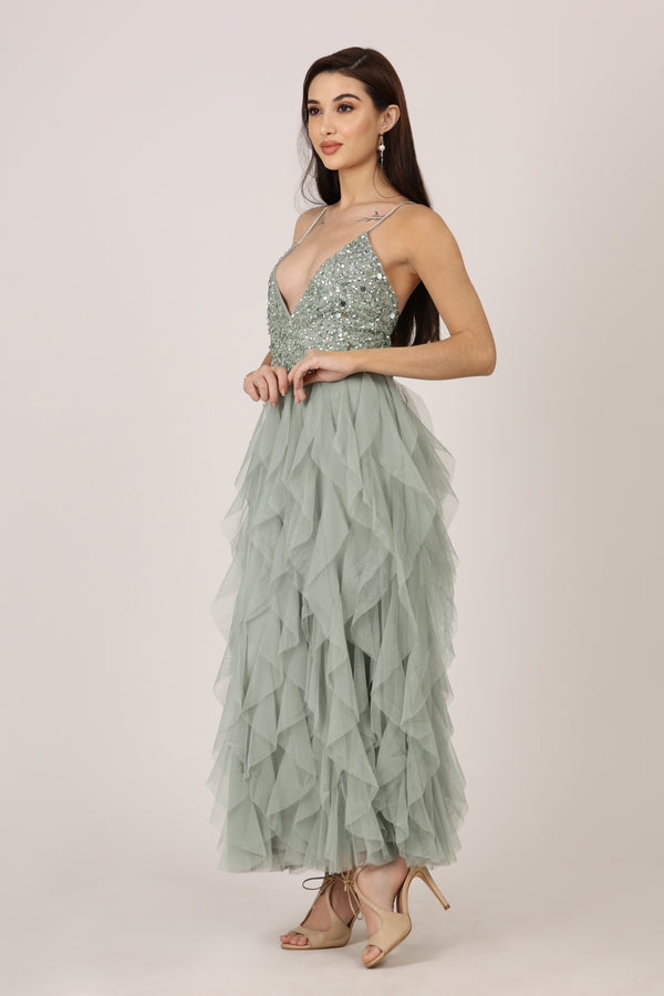 lace & beads Page Embellished Midi Dress in Teal