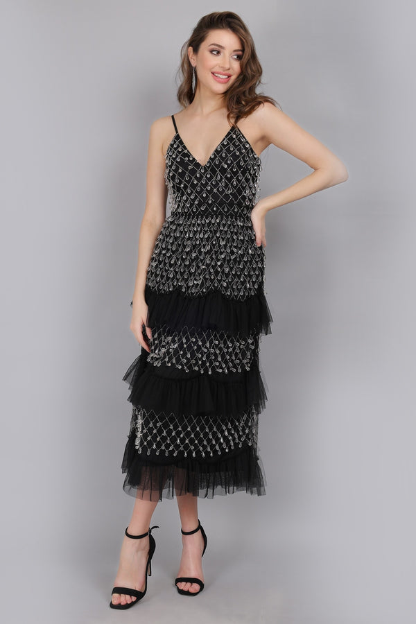 Lace & Beads Pearl Drop Midaxi Dress In Black