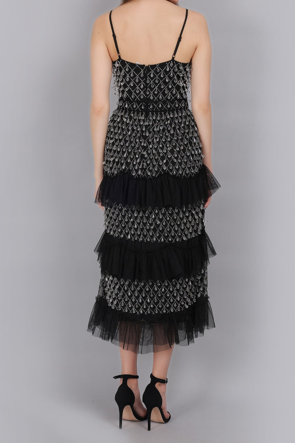 Lace & Beads Pearl Drop Midaxi Dress In Black