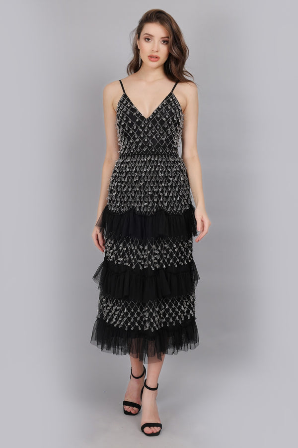 lace & beads Pearl Drop Midaxi Dress in Black